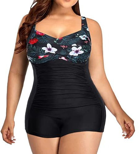 Maillot De Bain Femme 1 Pieces Short Grande Taille Bretelles Froncé Devant Une Pièce Swimsuit Rembourré Amaincissant Beachwear Monokini Mesh Pas Cher Été Chic Contrôle du Ventre