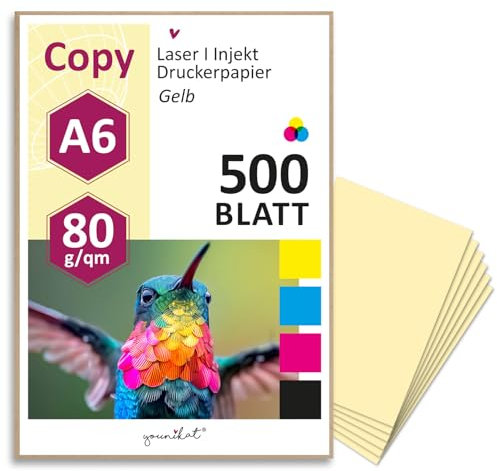 younikat DIN A6 Papier 80 g/m² I 500 Blatt in hell-gelb I Kopierpapier Blanko Rezeptpapier I dv1506