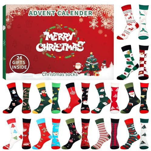 Weihnachtssocken Adventskalender 2024, 12 Paar Unisex Socken Set Weihnachts Countdown Kalender, Weihnachtssocken, 24 Tage Adventsbox Socken, Verschiedene Weihnachtsmuster, Für Erwachsene und Kinders