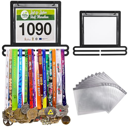 OKYUK Supporto per Medaglie da Maratona da Parete con Porta Numero di Pettorina - Display Appendibile per Medaglie da Corsa