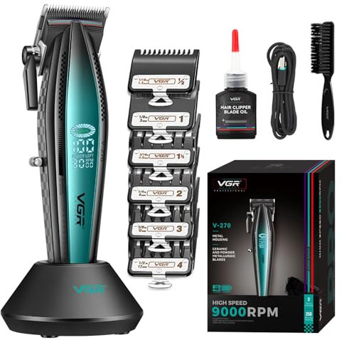 VGR 270 Haarschneidemaschine für Männer Professionell Geräuscharm Kabellos Hohe Geschwindigkeit 9000 U/min Fresh Fade-Keramikklinge Haarschneideset mit 6 Führungskämmen USB-Ladestation LED-Anzeige