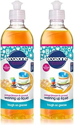 Ecozone Orange & Blossom Coconut Washing Up Liquid, Tough on Grease, Gentle Dish Washing Formula made with Natural Plant-Based Ingredients, Vegan Friendly Kitchen Detergent (500ml Bottle) (Pack of 2)