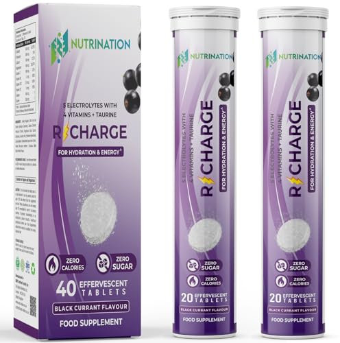 Electrolytes Hydration Tablets | 40 Effervescent Rehydration Tablets | 5 High Strength Electrolytes with Added Vitamin B6, B12, C & D | 250mg Taurine for Energy | Black Currant Flavour