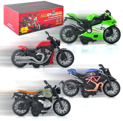 ACROFEK 4-Pack Motorcycle Toy for Kids - Pull Back Motorcycles with Sounds & Lights, 1:12 Scale Die Cast Friction Powered Toy Cars, Toys for 3 4 5 6 7 8 Year Old Kids, Birthday Gifts for Boys