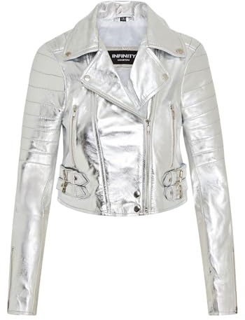 Infinity Leather Veste Courte en Cuir Véritable Pour Femme, Style Gothique, Style Motard Chic, Argent