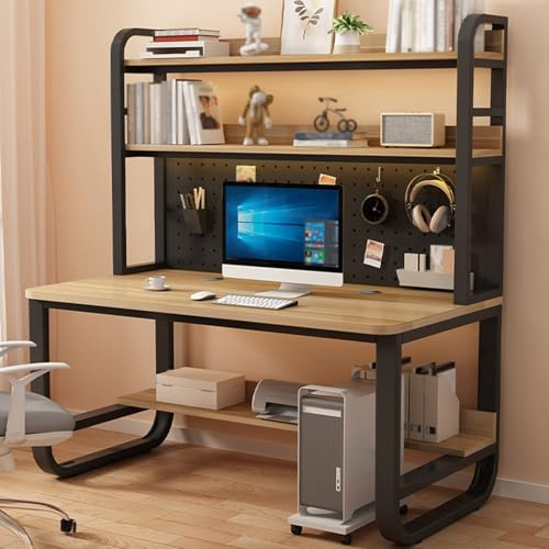 RiouPsithuric Sturdy Modern Computer Desk with Storage Shelf & Pegboard - Versatile Office Workstation & Gaming Table - Light Brown Home Office Furniture (35.4x23.6)