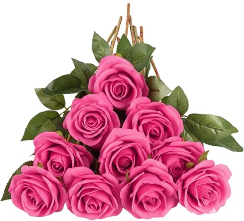QhgPnt 10 Pcs Fake Roses, Fuchsia Artificial Flowers, with Stems Fake Artificials Fuchsia Rose Silk Flowers, Wedding Bridal Bouquet for Arrangement Home Party Decorations