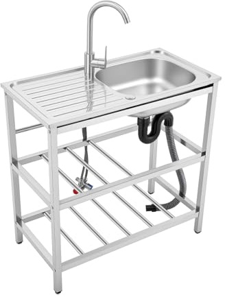PBTERDTF Edelstahl Einzelne Schale Becken Waschbecken Küche, Outdoor Freistehende Gewerbliche Küchenspüle mit Unterschrank und Armatur Handwaschbecken Einzelbecken für Restaurant, Hinterhof Garage