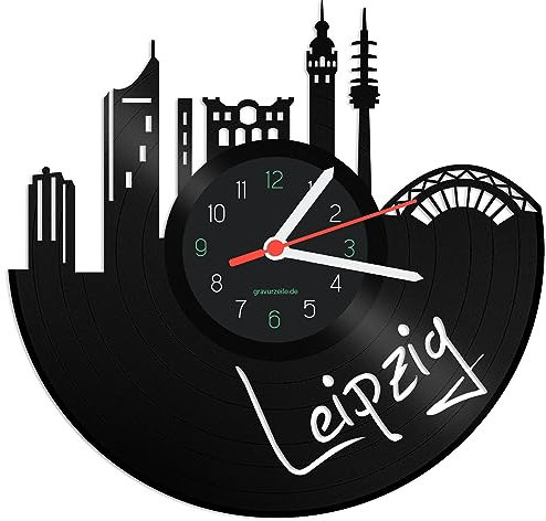 GRAVURZEILE Schallplattenuhr - Skyline Leipzig - Wanduhr aus gegossenem Vinyl mit Stadt Skyline 30 cm - Upcycling Designer Uhr - Moderne Wanduhr im Retro Vintage Style - Made in Germany