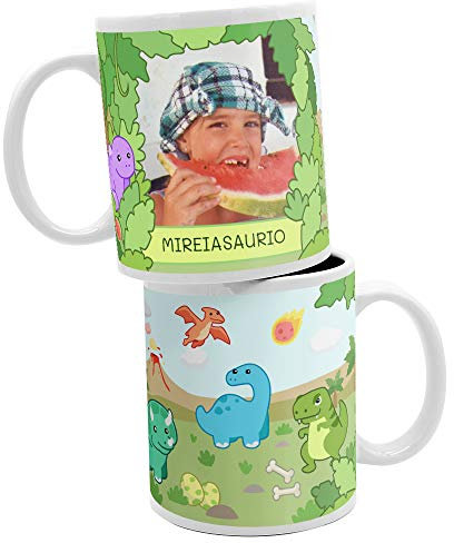 Haberdashery Online - Taza Personalizada de Cerámica, Diseño Dinosaurios, Capacidad 325 ml, Ideal para Desayunos, Texto y Foto Personalizables, Dinosaurios-foto, Cerámica.