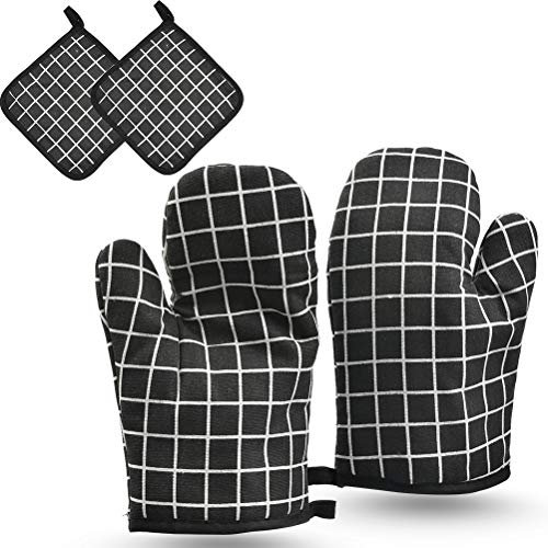 CENBEN 4 Stück Ofenhandschuh Hitzebeständige Handschuhe backen Isolationshandschuhe Schwarzes Gitter Anti-Rutsch Topfhandschuhe solierte Topfhandschuhe Geeignet für Kochen Backen Grillen