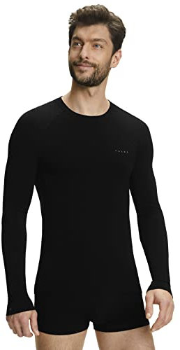 FALKE Herren Baselayer-Shirt Wool-Tech Light Round Neck M L/s Sh Wolle Funktionsmaterial schnelltrocknend 1 Stück, Schwarz Black 3000, XL