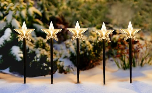 Spetebo LED Garten Leuchtstäbe Stern 35 cm - 5er Set mit Batterie und Timer - Gartenstecker Balkon Weihnachts Deko Außen
