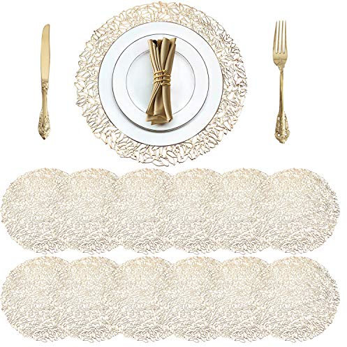 Cedilis 12 Stück 38 cm Platzsets aus Vinyl, rund, gepresst, rutschfest, waschbar, goldfarben, für Hochzeiten, Tischsets für Esstisch, Küche, Dekoration