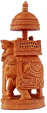 Purpledip Holzfigur Elefant mit Reiter auf Thron einzigartiges indisches Idol (12342)
