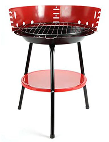 Barbacoa de hierro redonda de color rojo y negro, de 36 cm de diámetro y 55 cm de altura. Parrilla especial para carbón para realizar comidas. Asador con patas para exteriores e interiores.