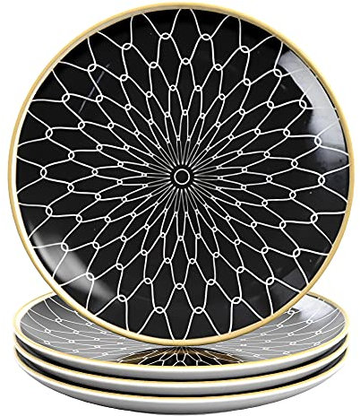 INTIRILIFE 4x Plato de porcelana en Conectado - Negro y Blanco - Diámetro 15.3 cm - Plato de desayuno, plato de postre, plato de servir para ensalada, fruta, pasta, postre, plato principal y snacks