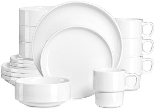 LOVECASA Juego de Vajillas Redondos de 16 Piezas, Vajilla de Porcelana, Cada Una con 4 Cuencos, 4 Tazas, 4 Platos de Postre y 4 Platos de Cena, Blanco