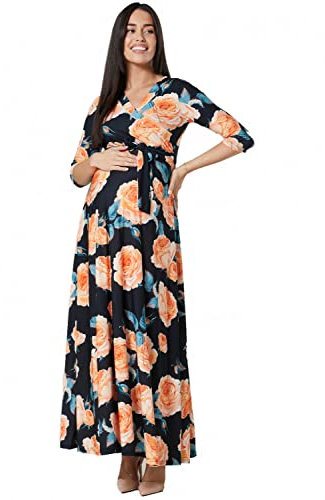 HAPPY MAMA. Femme Aérée Robe Maxi Maternité d'allaitement. Manches 3/4 608p (Grandes Roses Oranges, 42, XL)