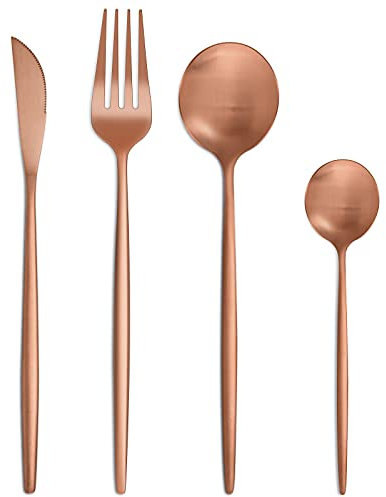Bestdin Juego de cubiertos para 6 personas, 24 piezas, cubiertos de oro rosa, juego de cubiertos con cuchillo tenedor, cubiertos de acero inoxidable de, apto para lavavajillas