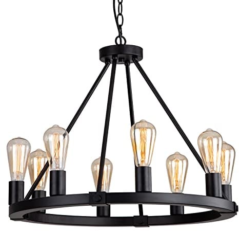 9MMML 23,6 Zoll 8 Lichter Wagenrad Kronleuchter Schwarz Metall Rund Industrie Vintage Kücheninsel Hängeleuchte für Wohnzimmer Foyer Eingang Höhenverstellbar E26