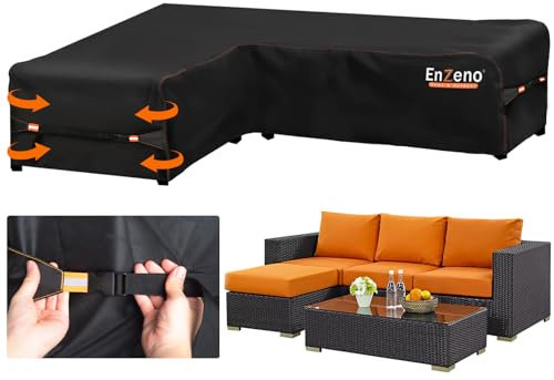 Enzeno Garden L-Shape Furniture Cover Waterproof, 420D Heavy Duty Oxford Fabric Outdoor Rattan Corner Sofa Cover with Waterproof Tape (210 * 260 * 87cm) Black