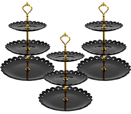 KOHAND 3 Pack 3 Tier Cake Cupcake Stand, Black Serving Plastic Cupcake Stand Holders Round Serving Platter, Black Tiered Server Plate Cake Dessert Fruit Display Tower for Party, Wedding