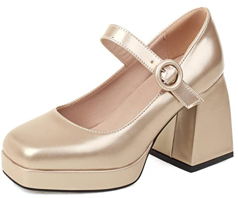 Bviennic Donna Square Toe Moda Tacco Chunky Plateau Mary Jane Scarpe Prom Festa Tacco Alto con Cinturino alla Caviglia Pump Largo Fit Bride Scarpe Oro Numero 34 EU