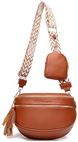 KUNKUN Banane Femme Brun 5cm Large Sangle Sac à Bandoulière pour Femme Petit Sac Banane en Cuir Végétalien Sac a Main Femmes Bandoulieres avec Porte Monnaie Amovible