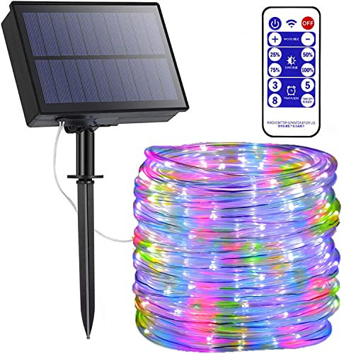 SUAVER Solar Lichterkette Außen, Wasserdichte 10M 100LED Lichtschlauch mit Fernbedienung Timer LED Streifen Dimmbare Solar Tube Licht Decor String Licht Solarleuchten für Garten (Mehrfarbig)