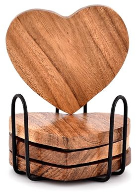 Samhita Lot de 4 Dessous de Verre en Bois d'acacia en Forme de cœur avec Support en Fer pour décoration de Table Basse, Cadeau de Pendaison de crémaillère, Nouvelle décoration de Cuisine