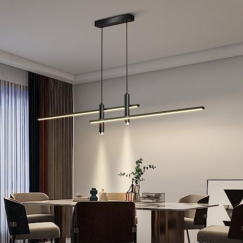 Moderne Esstisch Pendelleuchte LED Dimmbar Hängelampe Höhenverstellbar Kronleuchter mit Fernbedienung Hängeleuchte Wohnzimmer Lampe Wohnzimmer Küche Esszimmer Büro Deckenleuchte (Schwarz, L90cm)