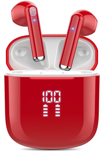 OYIB Wireless Earbuds, Mini Bluetooth 5.3 Headphones HiFi Stereo, Earphones with ENC Noise Cancelling Mic, Touch Control, Type-C Charging, in Ear Wireless Headphones Deep Red