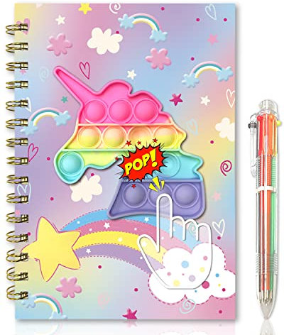 GINMLYDA Pop Secret Diary for Girls with Pen, 8.25x5.7 Inches 160 Pages Unicorn Fidget Kids Notebook and Pen Set for Girls Birthday Presents A5 Spiral Kids Journal for Girls Gifts 6-12 Year Old