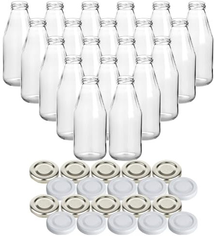 gouveo 20er Set Glasflasche für Saft mit Schraubdeckel in silberfarben und Weiss - Saftflasche 500 ml - Leere Flaschen für Saft, Smoothies, Limonade (SF500SW)
