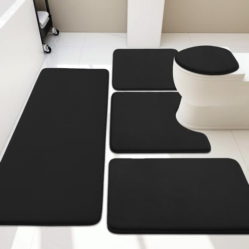 chakme Badezimmerteppich Set 5 Teilig, Weiche Memory-Schaum Badematte und U Förmige wc Vorleger, Badteppich rutschfest Waschbar Badvorleger Set Schwarz