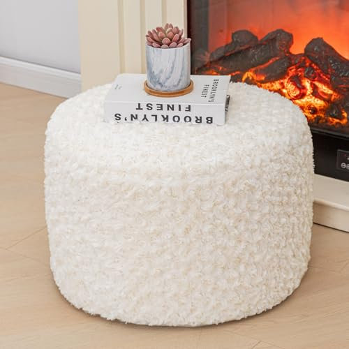 Asuprui Runder Pouf Ottoman Gefüllter Pouf Fußhocker Bodenpouf Stuhl für Wohnzimmer Schlafzimmer Gefüllte Boho Poof Fußstütze für Couch (20 Durchmesser x 12 Höhe) (Cremefarbener Pouf mit Füllung)