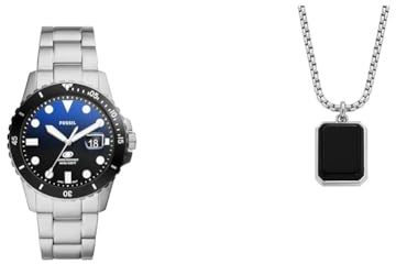 Fossil Herrenuhr Blue Dive und Halskette Schmuck, silberfarbener Edelstahl, Set