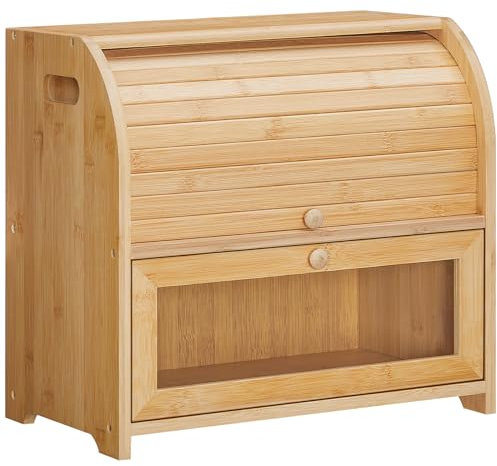 HOOBRO Boîte à Pain en bambou, Panier à Pain à 2 niveaux, Rangement avec couvercle à rouleau et vitrine, pour planche de cuisine, garde-manger, Couleur Bambou EYL13MB01