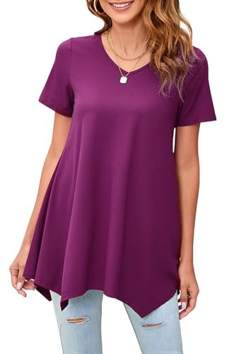 Enmain Donna Tunica Camicetta Viola Manica Corta Camicie Casual Estiva Scollo V Top Camicie Camicetta Longline Tinta Unita Magliette per Vacanze Primavera Estate,Viola,3XL