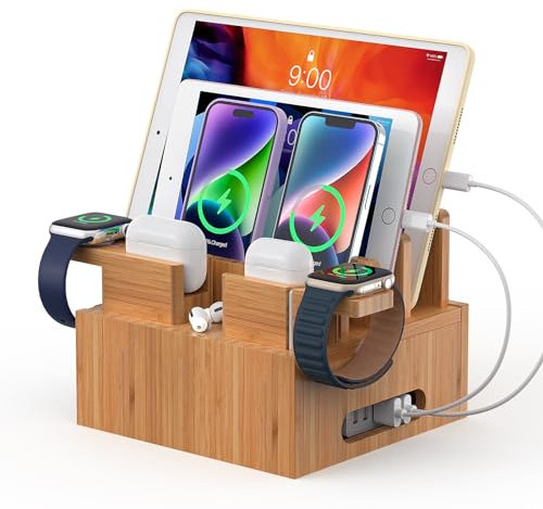 Stazione di ricarica in bambù, organizer per telefoni cellulari, tablet, iPad, auricolari, orologi intelligenti, cavi e caricabatterie non inclusi, supporto dock di ricarica per più dispositivi