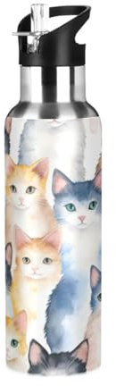 Mnsruu 20 Oz Water Bottle with Straw Watercolor Cat Stainless Steel Water Bottle for Traveling Sports Leakproof Insulated Water Bottle