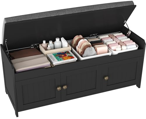 HOMEFORT 41.3 Shoe Bench with Lift Top Storage, Entryway Bench with Cushioned Seat, Wooden End of Bed Bench, Shoe Cabinet Bench with Hidden Storage Space, for Bedroom, Hallway,Black