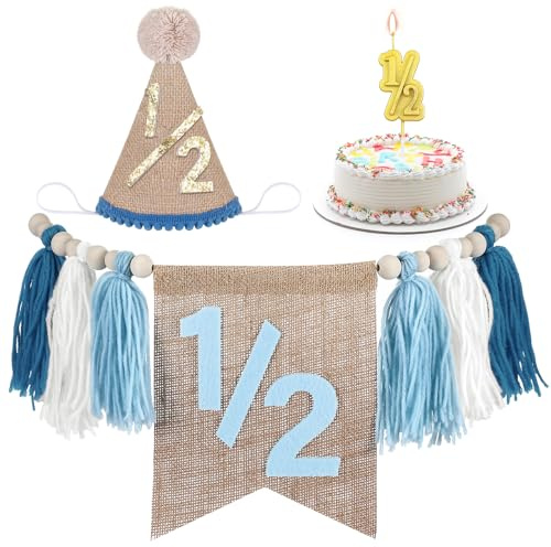 Silipull Zubehör für den 1/2. Geburtstag, Hochstuhl-Banner, halber Geburtstagshut, goldene Kerze, 1/2 Jahre alte Kuchendekoration, 6 Monate, Quaste, Holzperle, Hochstuhl-Girlande (blau)
