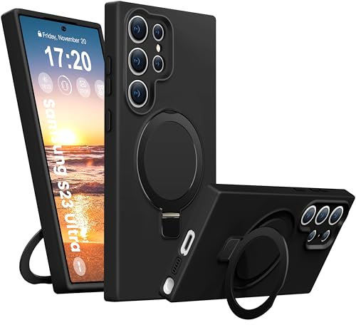 BENTIACC Liquid Silikon hülle für Samsung Galaxy S23 Ultra, Magnetischer Robust Standring, [Upgraded Kameraschutz] 4-Layer stoßfeste Schutzhülle, Soft Mikrofaserfutter Kratzfes Schutzhülle (Schwarz)