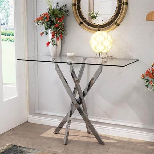 GOLDFAN Konsolentisch, Glas Schmaler Beistelltisch, Flurtisch, Sofatisch im Industriestil, TV-Tisch für Schlafzimmer, Eingangsbereich, Büro, Flur, Silber 100x45x76 cm