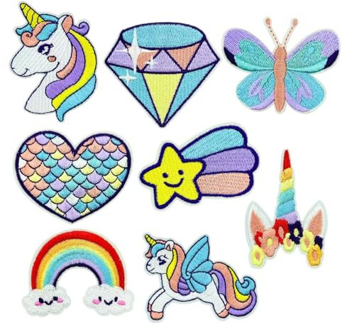 8pcs Rainbow Unicorn Iron/Sew on Embroidery Patches,Dreamy Stars Butterfly Diamond Applique,Anime Repair Fashion Accessories Collection Stickers for Clothing Jacket Jeans Backpack Hat Vests Bags
