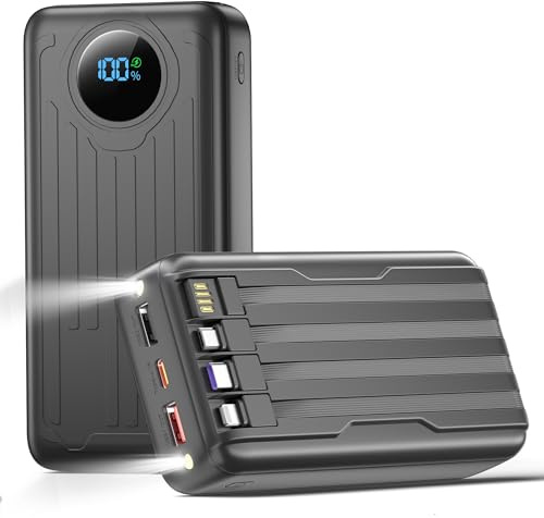 56800mAh &65w Power Bank Portable Charger External Battery Pack, 3 Charging Ports With Smart LED Display, flashlight Built in 4 Extra Fast Charging Cable for Phone/Tablets