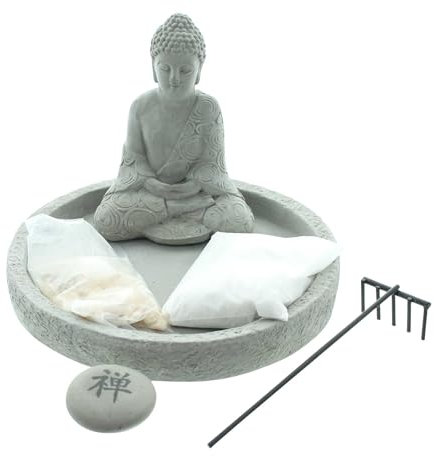 FRANK FLECHTWAREN Buddha Zen-Garten, Zement, Sand, Stein, Metall Maße: Ø 17 x 3 cm, Höhe Figur 12 cm