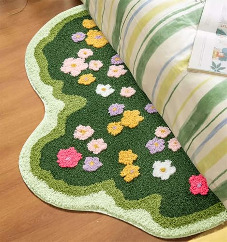Niedlicher Moos-Teppich, waschbar, 60 x 100 cm, grüne bunte Blumen, Läufer für Badezimmer, Küche, Schlafzimmer, Boho-Blumenmuster, Frühling, Garten, extra lang, Badematte, Badezimmerläufer, rutschfest